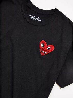 Keith Haring Embroidered Smiling Heart on Black Ripple Brand Shirt